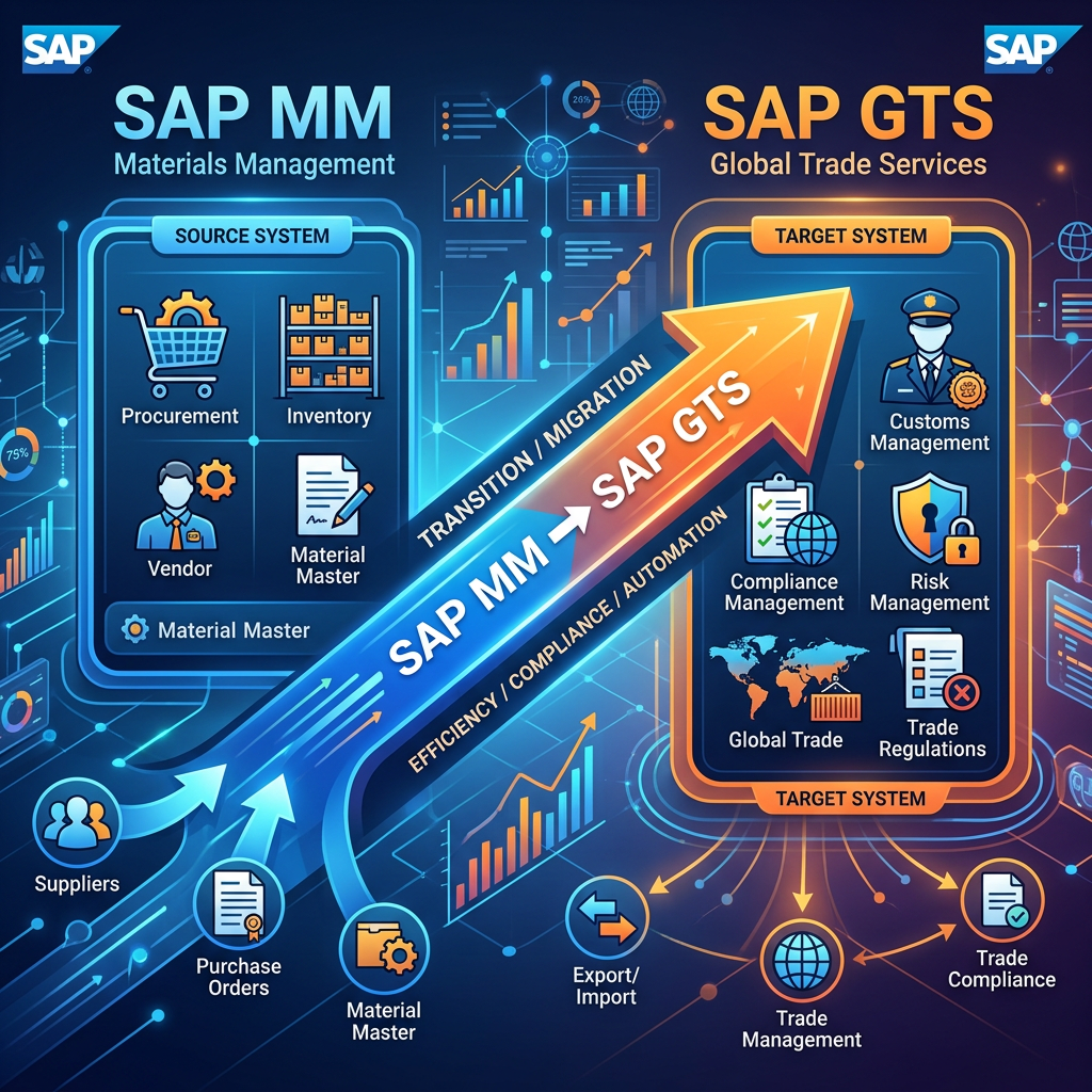 Diagram showing SAP MM source system elements transitioning to SAP GTS target system with associated processes