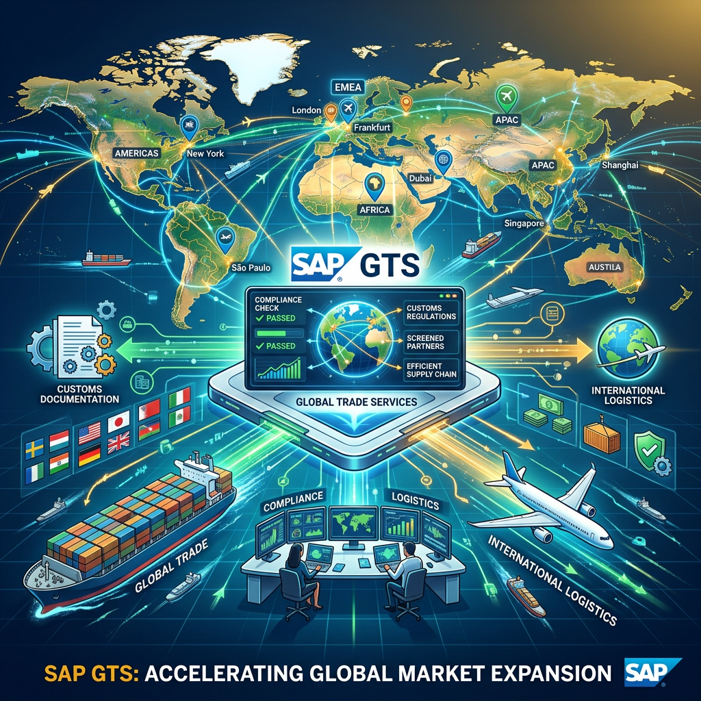 World map with trade routes and SAP GTS platform showing compliance and logistics management